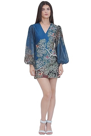 Multi-Colored Stripe Textured Satin Printed Mini Dress by Limerick By Abirr N' Nanki
