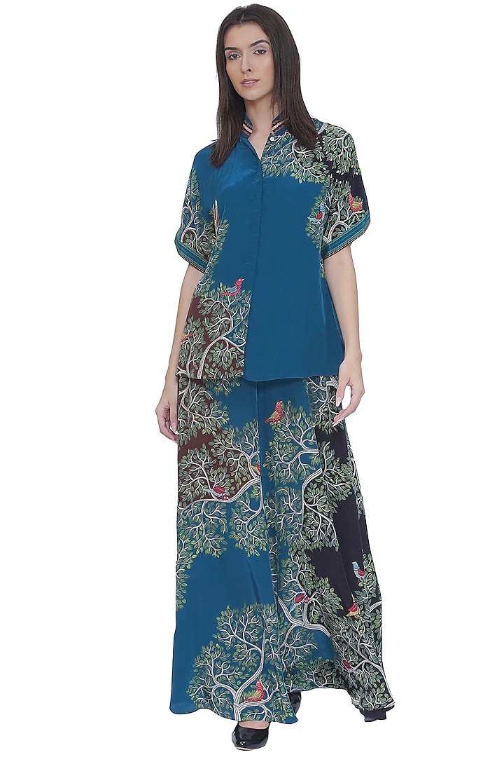 Blue Crepe Placement Printed Flared Pants by Limerick By Abirr N' Nanki at Pernia's Pop Up Shop