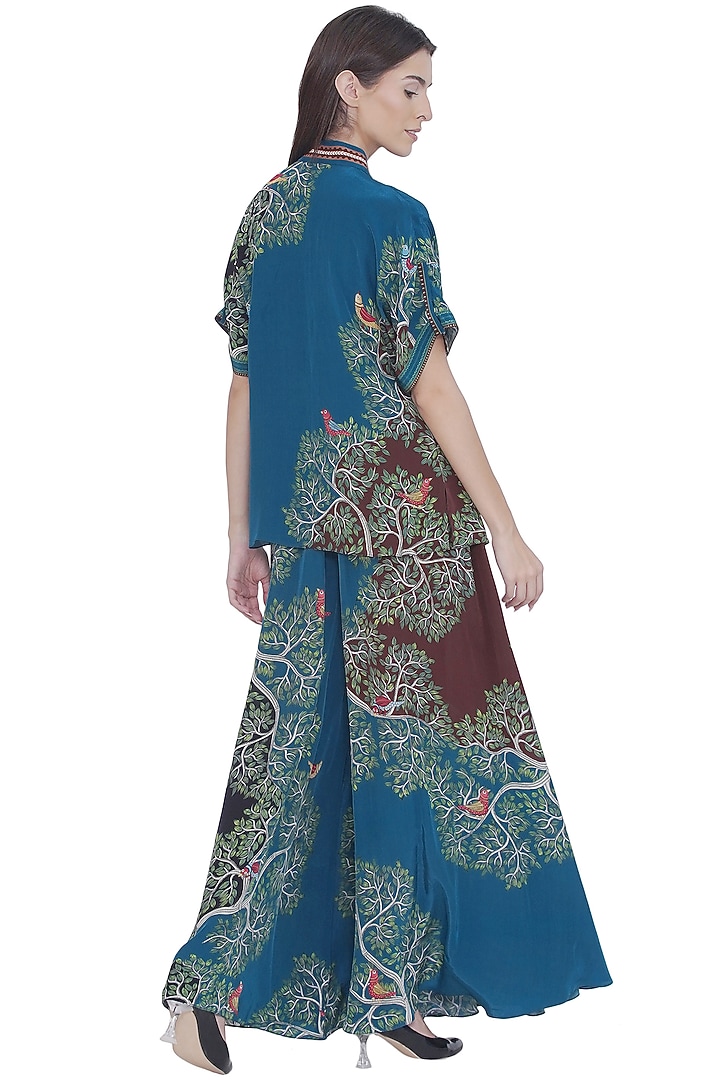 Blue Crepe Placement Printed Flared Pants by Limerick By Abirr N' Nanki at Pernia's Pop Up Shop