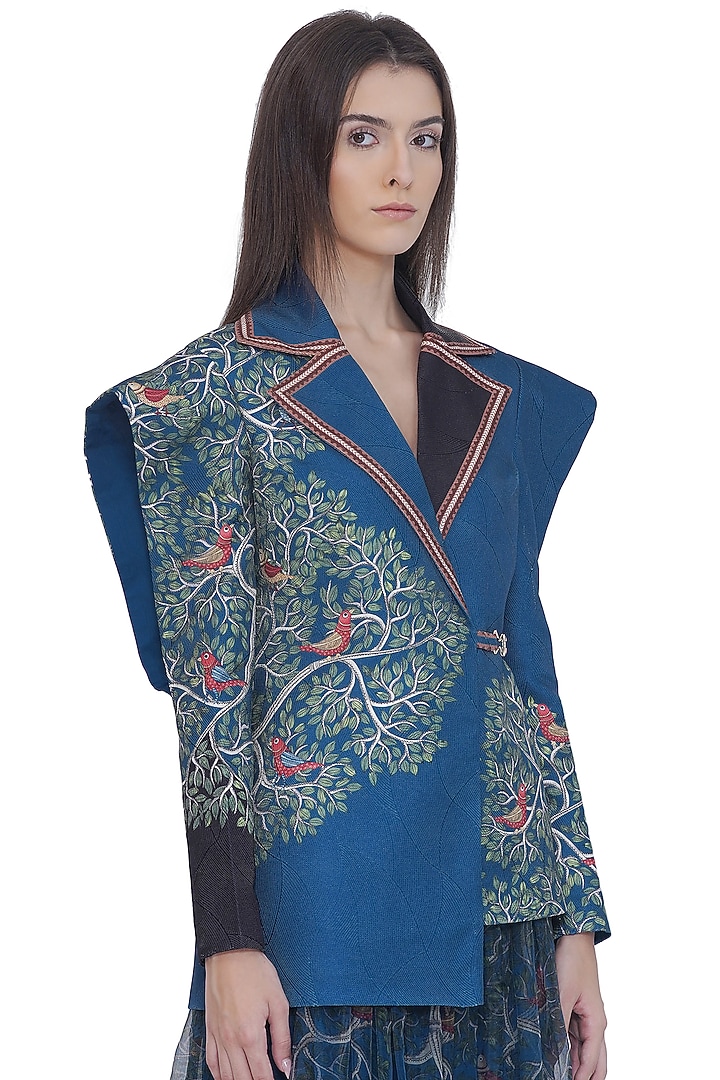Blue Scallop Textured Satin Printed Structured Jacket by Limerick By Abirr N' Nanki at Pernia's Pop Up Shop
