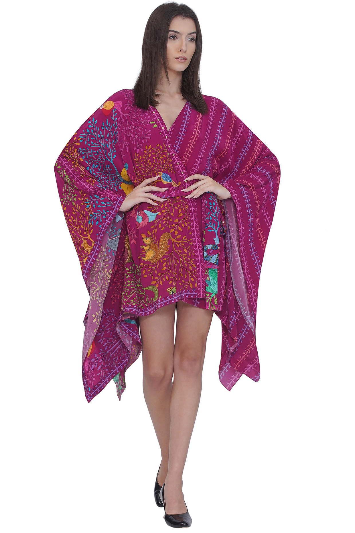 Pink Crepe Placement Printed Mini Kaftan Summer Dress by Limerick By Abirr N' Nanki at Pernia's Pop Up Shop