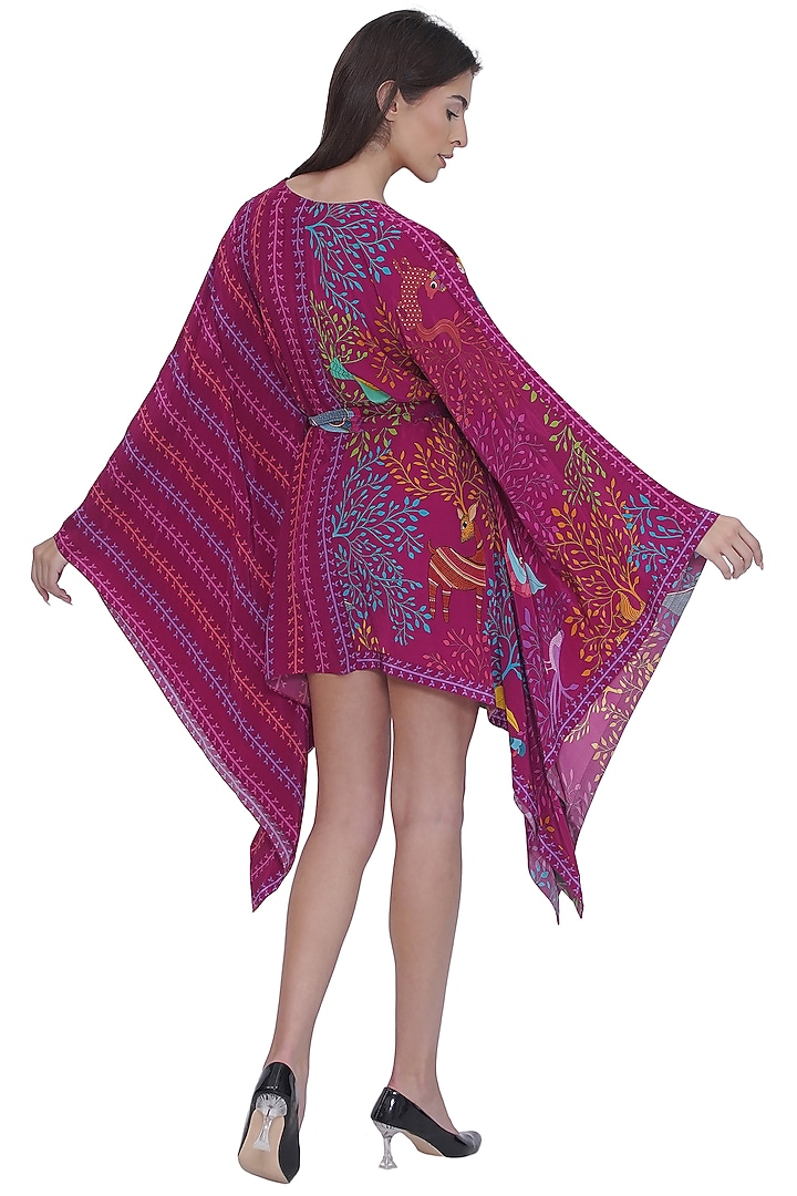 Pink Crepe Placement Printed Mini Kaftan Summer Dress by Limerick By Abirr N' Nanki at Pernia's Pop Up Shop