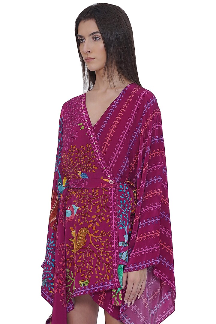 Pink Crepe Placement Printed Mini Kaftan Summer Dress by Limerick By Abirr N' Nanki at Pernia's Pop Up Shop