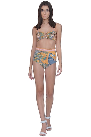 Multi-Colored Spandex & Polyester Printed Ruched Bikini Set by Limerick By Abirr N' Nanki