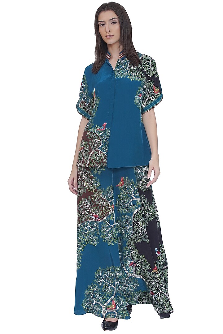 Blue Crepe Placement Printed Shirt by Limerick By Abirr N' Nanki at Pernia's Pop Up Shop