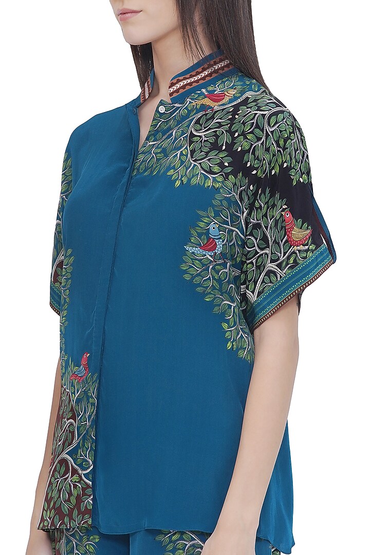 Blue Crepe Placement Printed Shirt by Limerick By Abirr N' Nanki at Pernia's Pop Up Shop