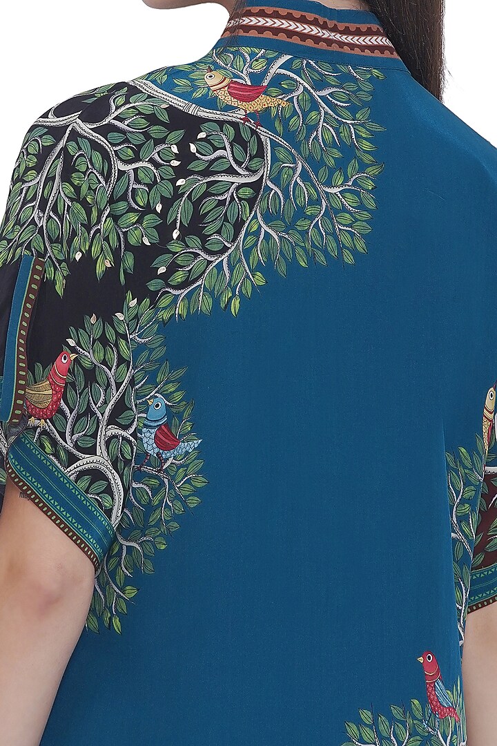 Blue Crepe Placement Printed Shirt by Limerick By Abirr N' Nanki at Pernia's Pop Up Shop