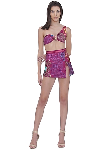 Multi-Colored Spandex Printed One-Shoulder Bikini Set by Limerick By Abirr N' Nanki