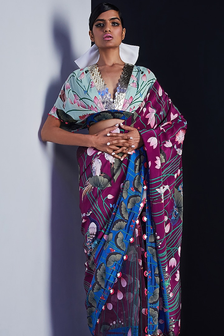 Blue Embroidered Draped Blouse by Limerick By Abirr N' Nanki at Pernia's Pop Up Shop