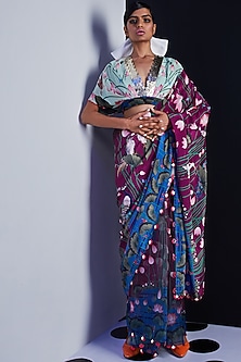 Purple Embroidered & Printed Saree by Limerick By Abirr N' Nanki-PRINT ON PRINT