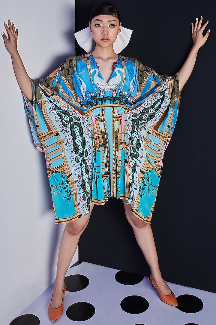 Blue Printed Draped Summer Dress by Limerick By Abirr N' Nanki at Pernia's Pop Up Shop