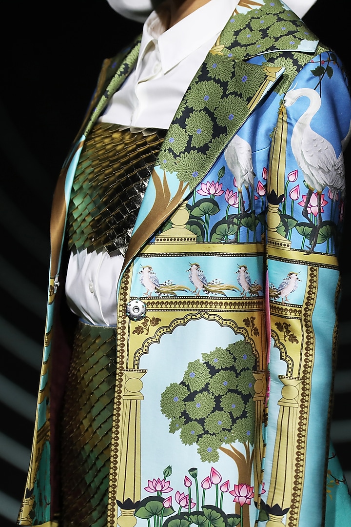 Blue Printed Collared Jacket by Limerick By Abirr N' Nanki at Pernia's Pop Up Shop