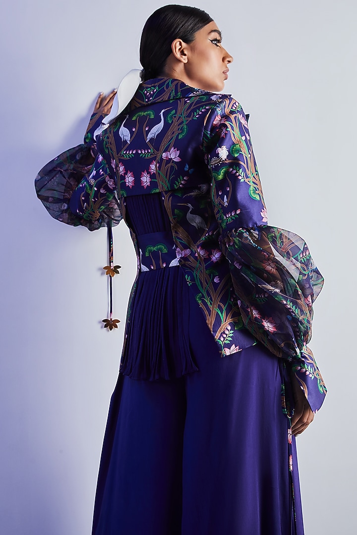 Indigo Blue Printed Draped Jacket by Limerick By Abirr N' Nanki at Pernia's Pop Up Shop