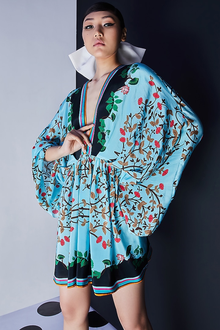 Blue Embroidered Draped Dress by Limerick By Abirr N' Nanki