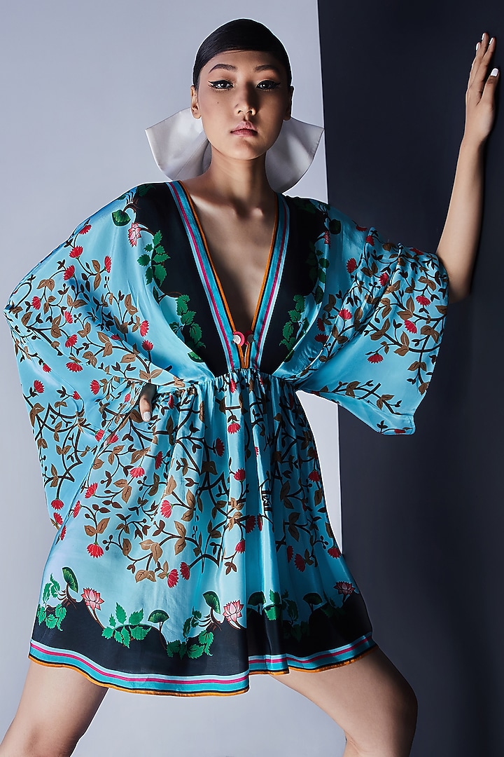 Blue Embroidered Draped Summer Dress by Limerick By Abirr N' Nanki at Pernia's Pop Up Shop