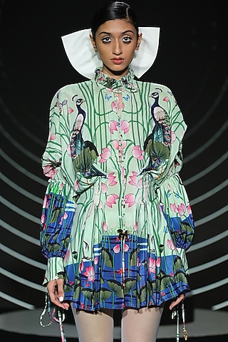 Blue Printed Draped Dress by Limerick By Abirr N' Nanki