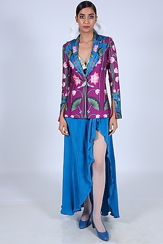 Blue Crepe Draped Skirt by Limerick By Abirr N' Nanki