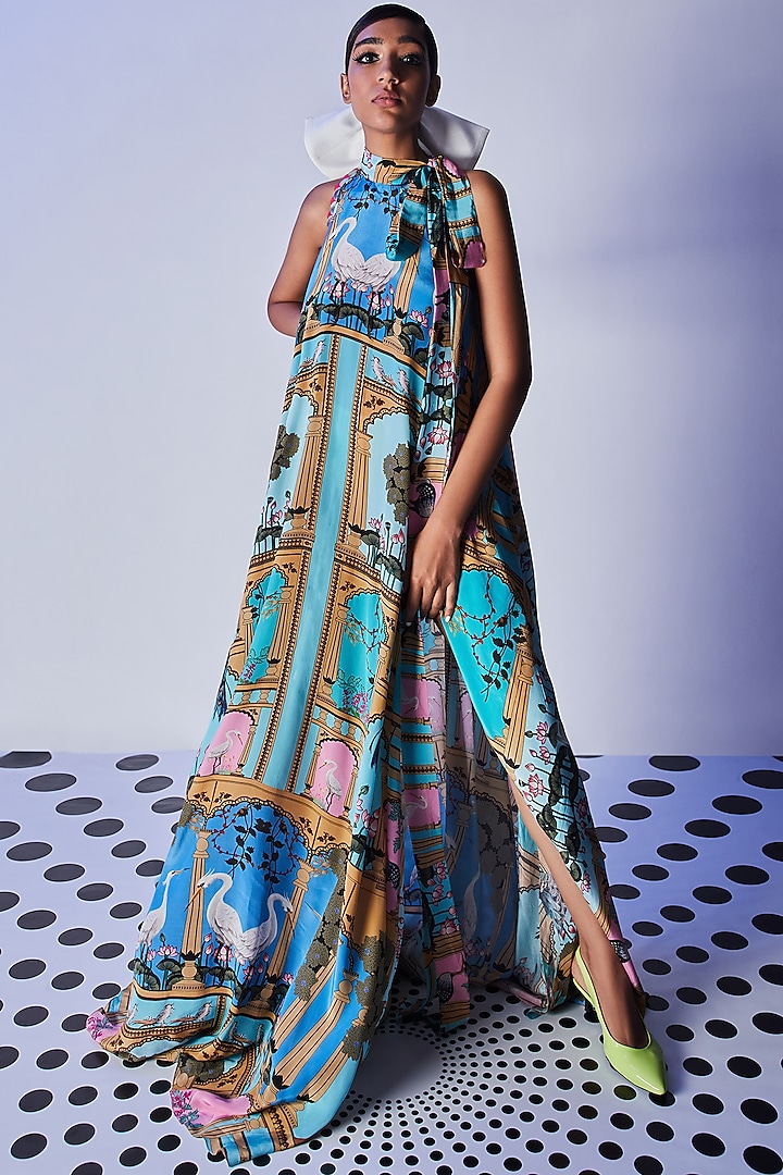 Blue Hand Embroidered Maxi Dress by Limerick By Abirr N' Nanki