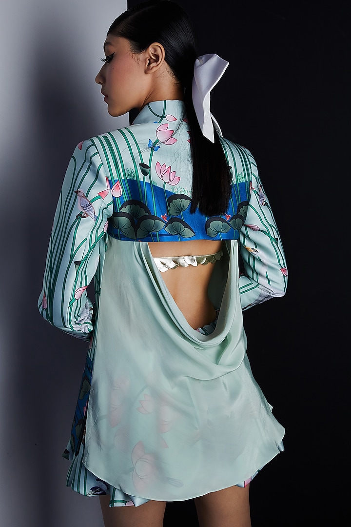 Blue Satin Printed Jacket by Limerick By Abirr N' Nanki at Pernia's Pop Up Shop