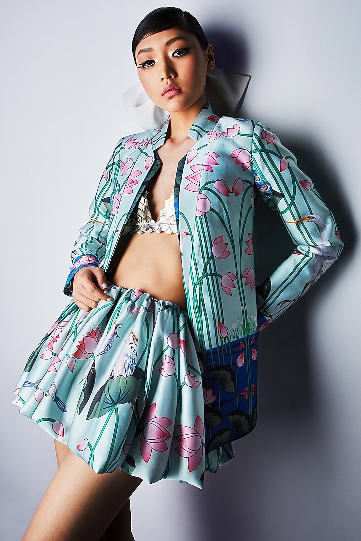 Blue Satin Printed Jacket by Limerick By Abirr N' Nanki at Pernia's Pop Up Shop