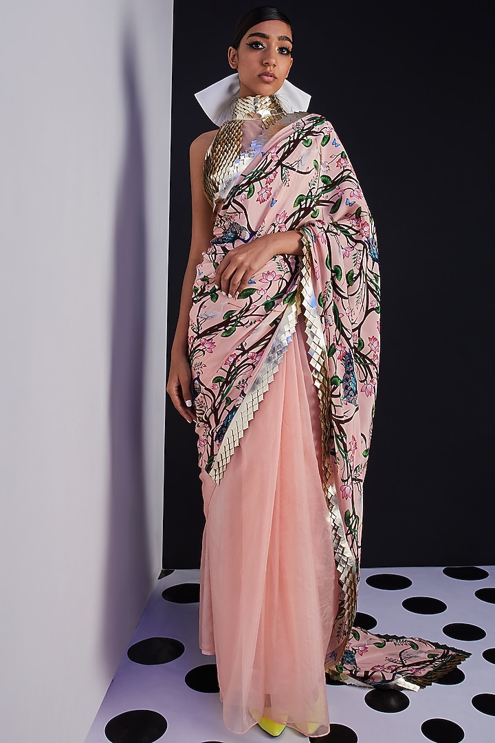Pink Embroidered & Printed Party Wear Saree by Limerick By Abirr N' Nanki at Pernia's Pop Up Shop