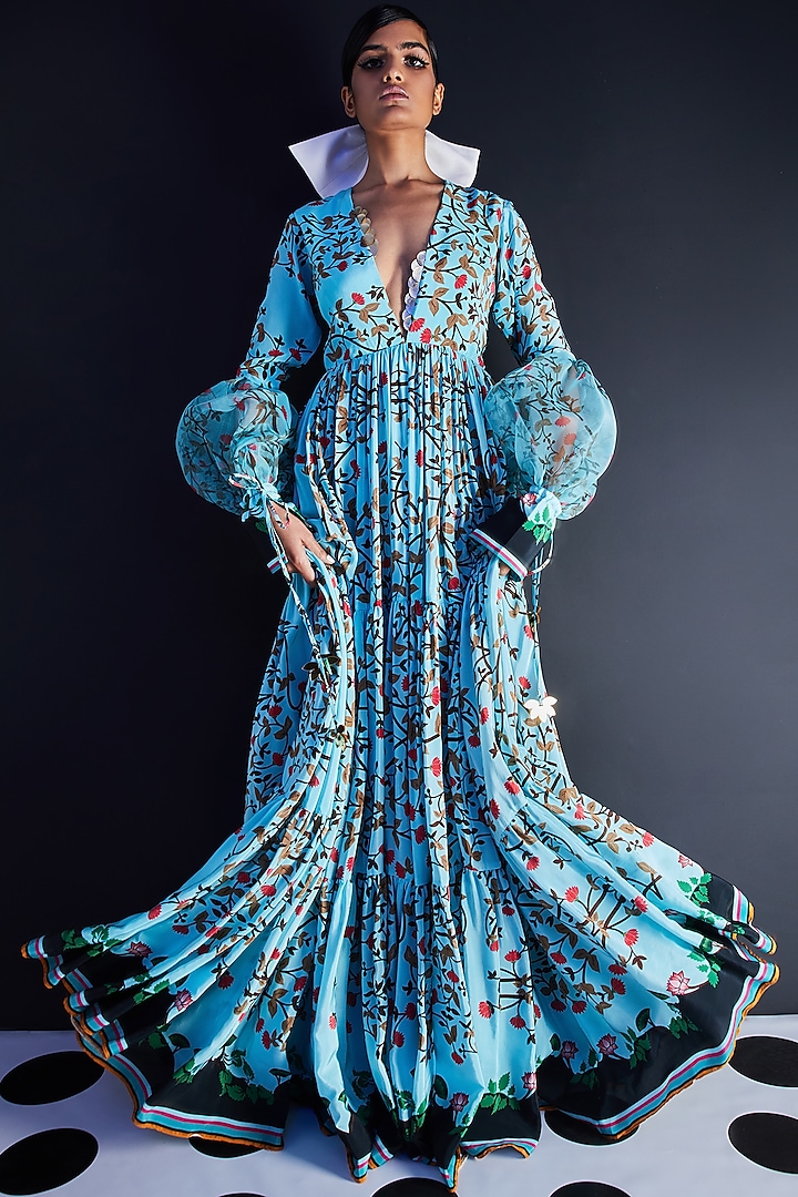 Blue Embroidered & Printed Maxi Dress by Limerick By Abirr N' Nanki
