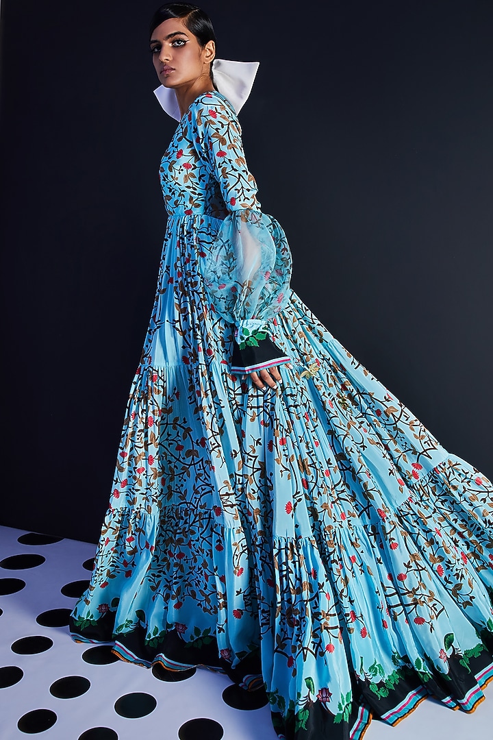 Blue Embroidered & Printed Maxi Dress by Limerick By Abirr N' Nanki at Pernia's Pop Up Shop