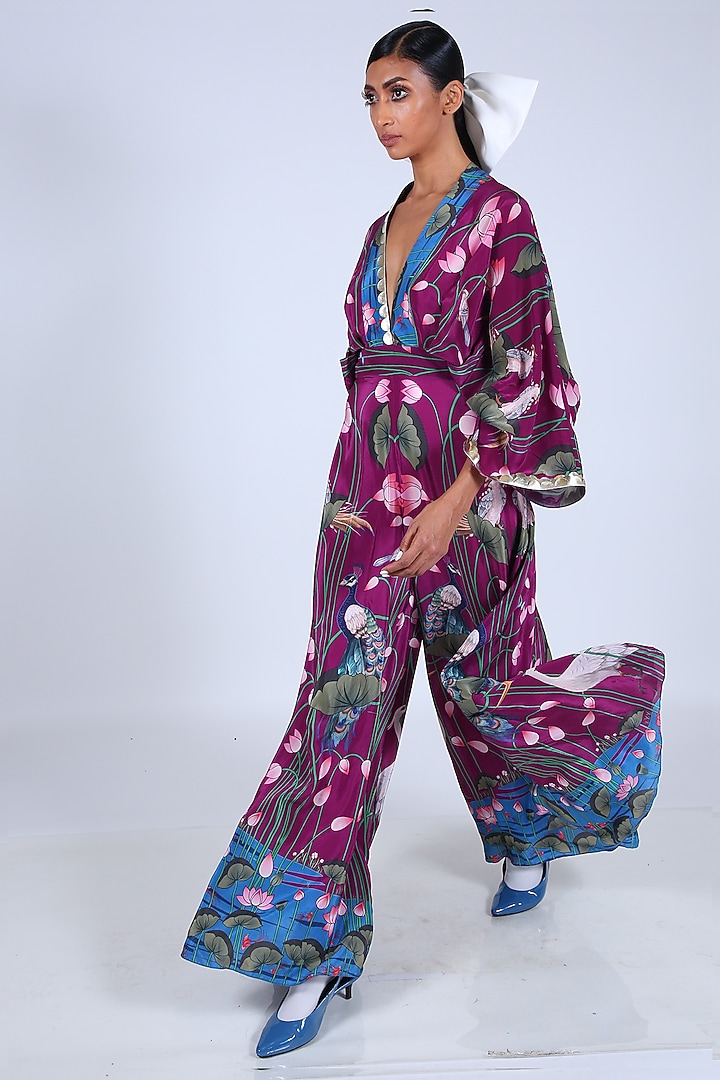 Purple Embroidered Draped Jumpsuit by Limerick By Abirr N' Nanki at Pernia's Pop Up Shop