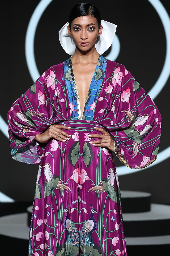 Purple Embroidered Draped Jumpsuit by Limerick By Abirr N' Nanki at Pernia's Pop Up Shop