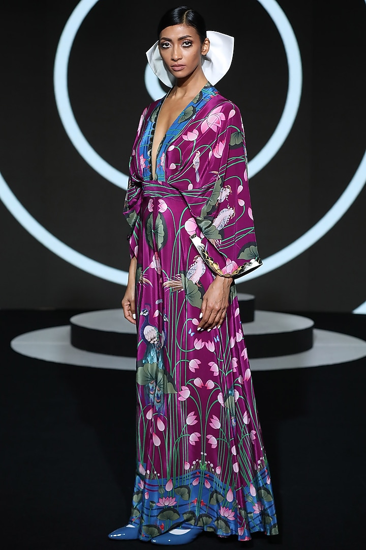Purple Embroidered Draped Jumpsuit by Limerick By Abirr N' Nanki at Pernia's Pop Up Shop