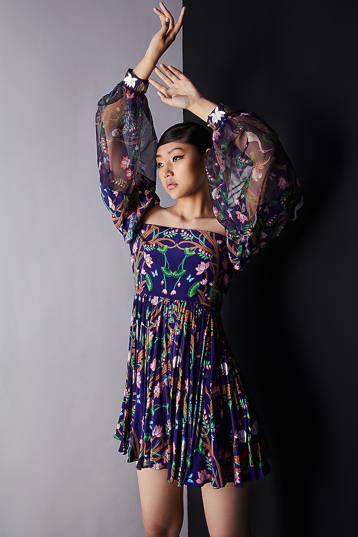 Indigo Blue Crepe & Organza Gold Embroidered Draped Summer Dress by Limerick By Abirr N' Nanki at Pernia's Pop Up Shop