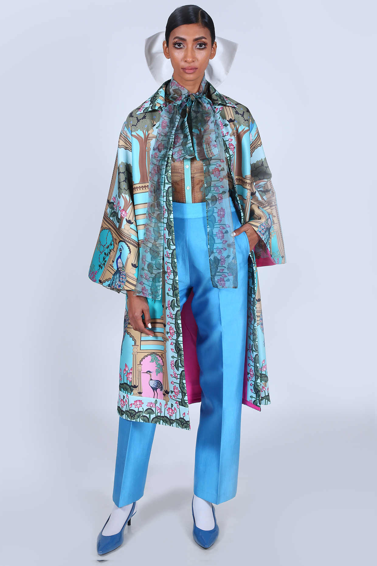 Blue Satin Printed Jacket by Limerick By Abirr N' Nanki