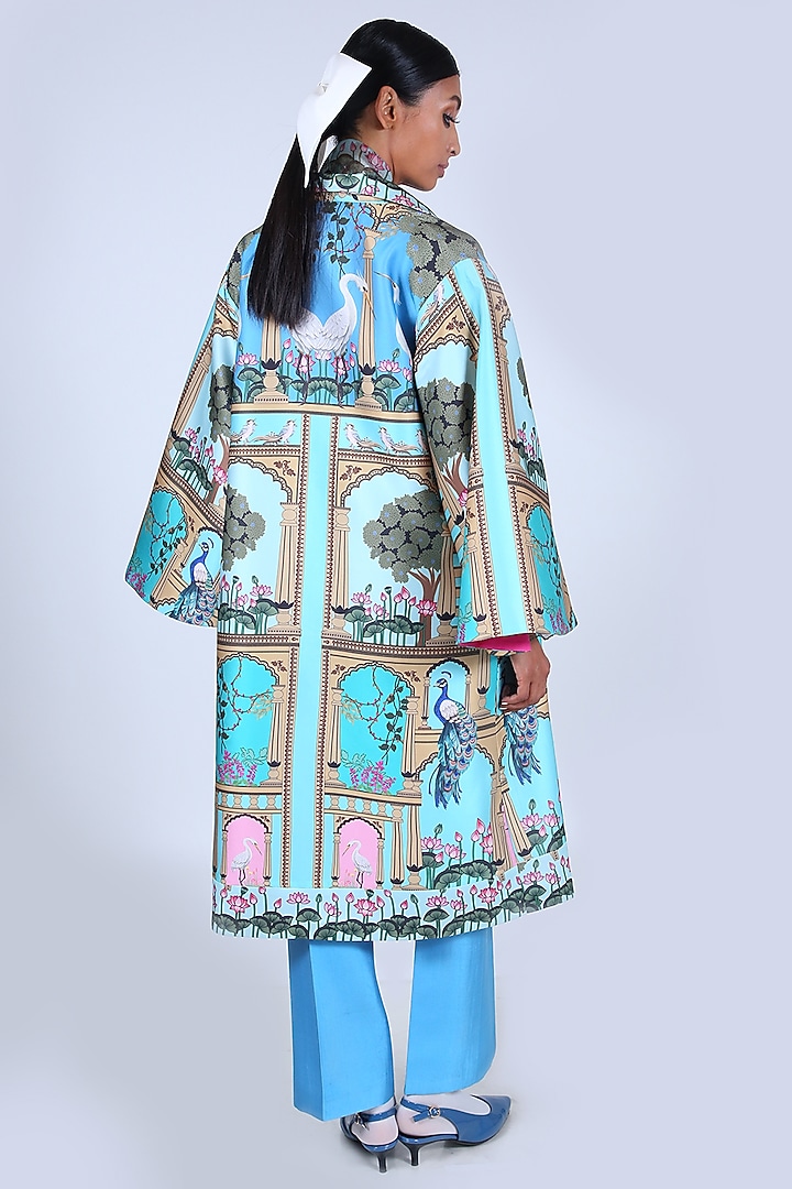 Blue Satin Printed Jacket by Limerick By Abirr N' Nanki at Pernia's Pop Up Shop