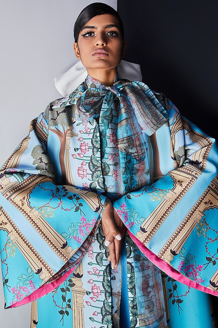 Blue Satin Printed Jacket by Limerick By Abirr N' Nanki at Pernia's Pop Up Shop