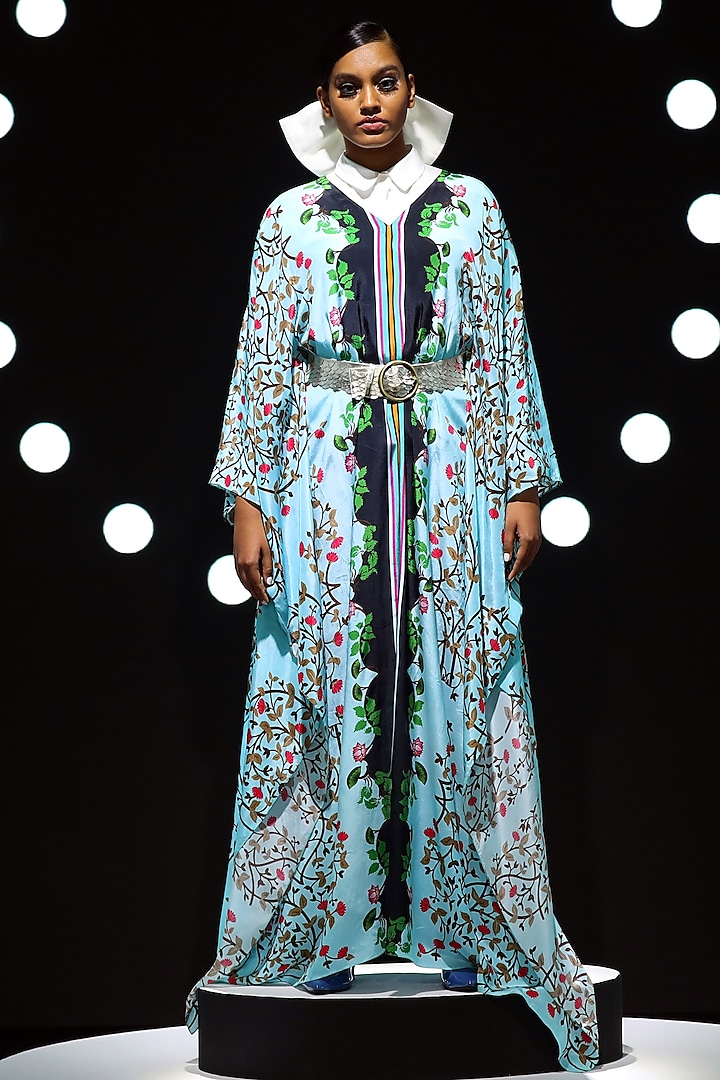 Blue Printed Kaftan With Belt by Limerick By Abirr N' Nanki at Pernia's Pop Up Shop