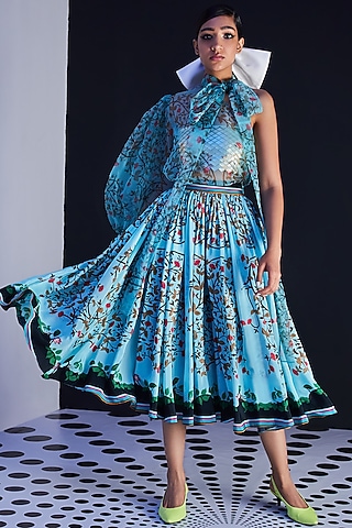 Blue Crepe Printed Skirt by Limerick By Abirr N' Nanki