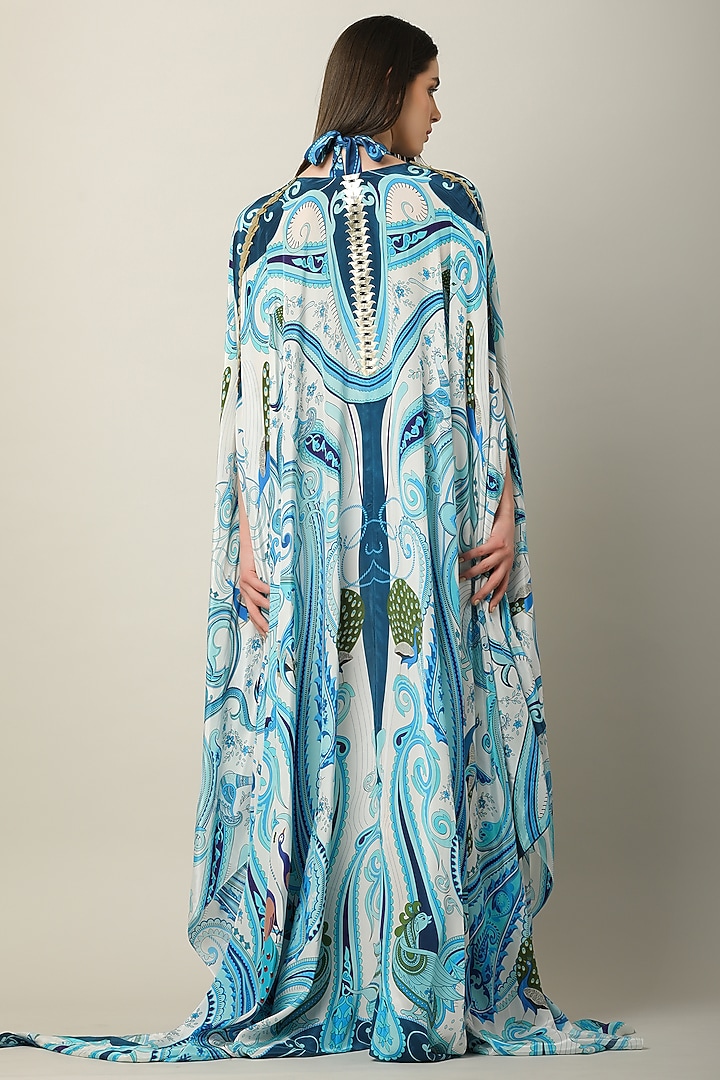 Blue Crepe Embroidered Cape by Limerick By Abirr N' Nanki at Pernia's Pop Up Shop