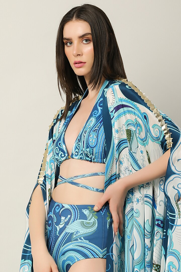 Blue Crepe Embroidered Cape by Limerick By Abirr N' Nanki at Pernia's Pop Up Shop