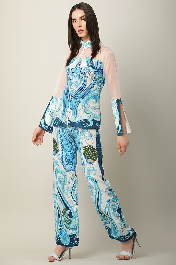 Blue Crepe Printed Pants by Limerick By Abirr N' Nanki at Pernia's Pop Up Shop