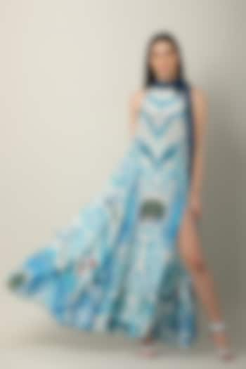 Blue Crepe & Organza Printed Maxi Dress by Limerick By Abirr N' Nanki at Pernia's Pop Up Shop