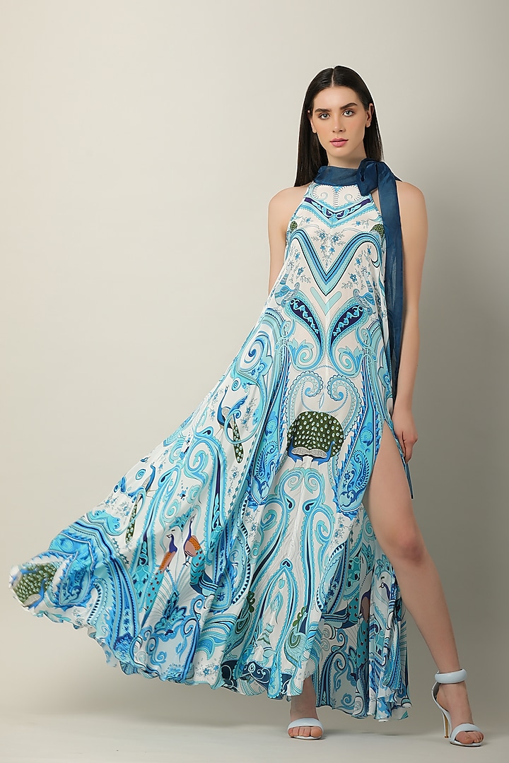 Blue Crepe & Organza Printed Maxi Dress by Limerick By Abirr N' Nanki