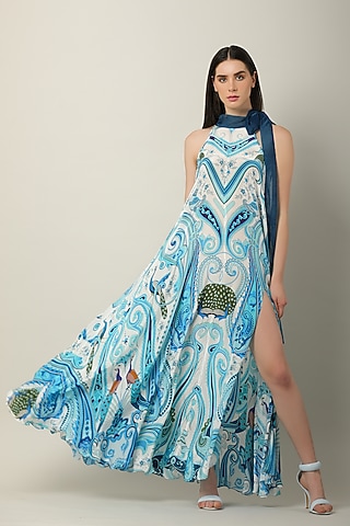 Blue Crepe & Organza Printed Maxi Dress by Limerick By Abirr N' Nanki
