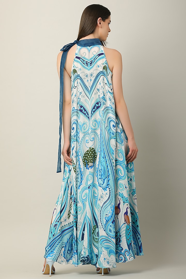 Blue Crepe & Organza Printed Maxi Vacation Dress by Limerick By Abirr N' Nanki at Pernia's Pop Up Shop