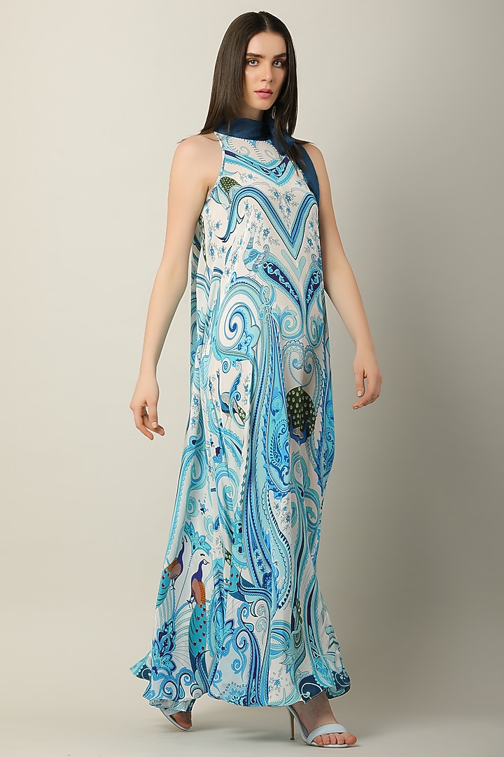 Blue Crepe & Organza Printed Maxi Vacation Dress by Limerick By Abirr N' Nanki at Pernia's Pop Up Shop