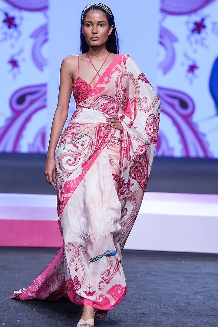 Fuchsia Crepe Printed & Embellished Saree by Limerick By Abirr N' Nanki