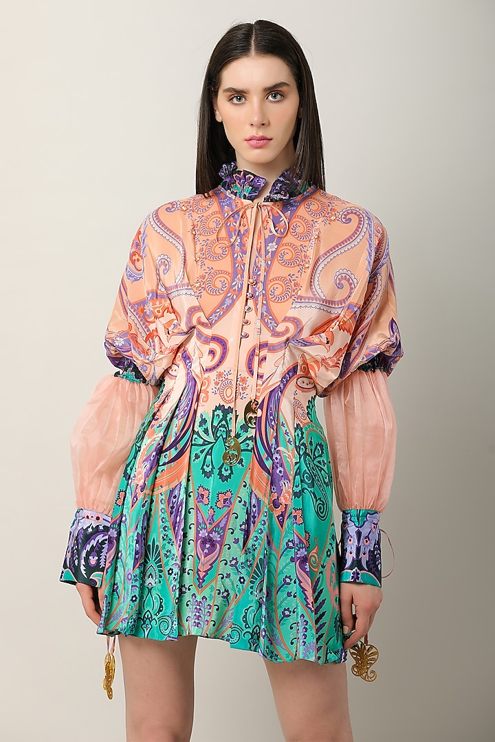 Multi-Colored Crepe Printed & Embroidered Draped Vacation Dress by Limerick By Abirr N' Nanki at Pernia's Pop Up Shop