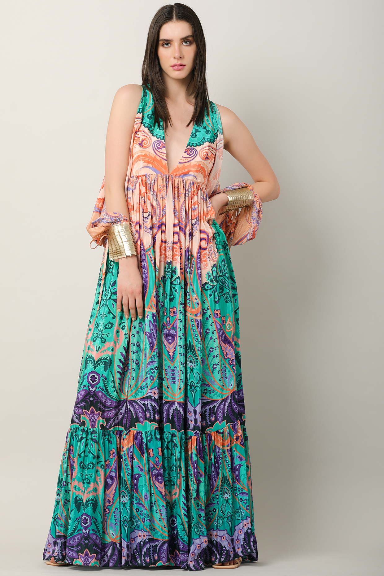 Multi-Colored Crepe & Organza Printed Maxi Vacation Dress by Limerick By Abirr N' Nanki at Pernia's Pop Up Shop
