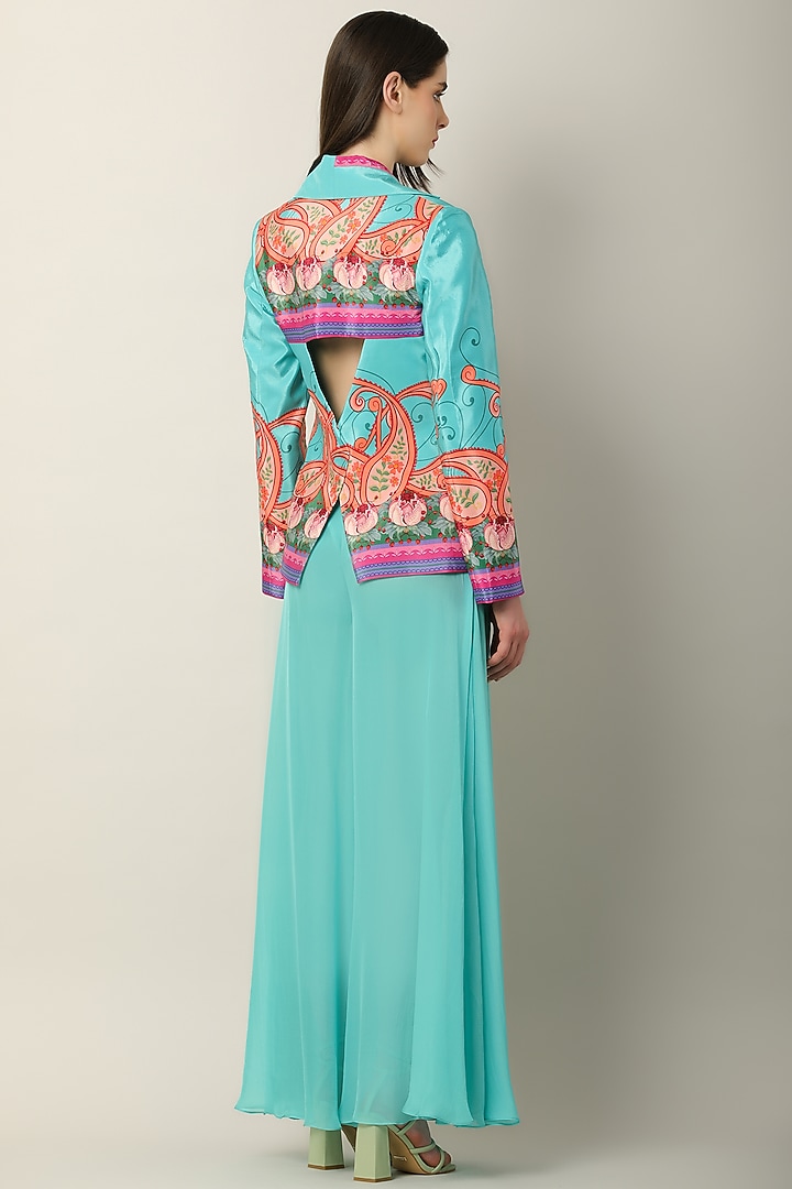 Turquoise Crepe Printed Jacket by Limerick By Abirr N' Nanki at Pernia's Pop Up Shop