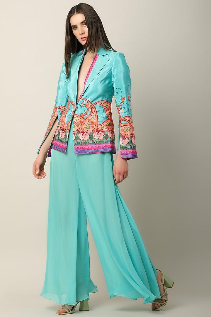 Turquoise Crepe Printed Jacket by Limerick By Abirr N' Nanki at Pernia's Pop Up Shop