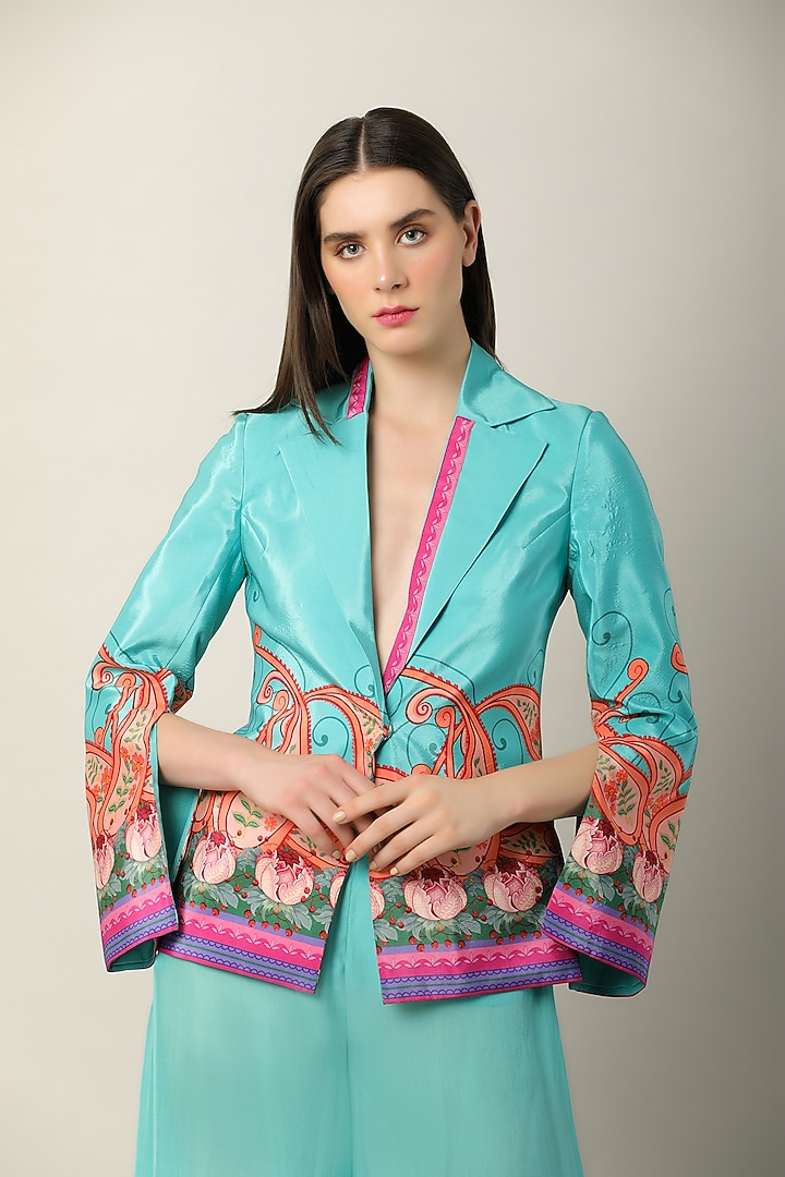 Turquoise Crepe Printed Jacket by Limerick By Abirr N' Nanki at Pernia's Pop Up Shop